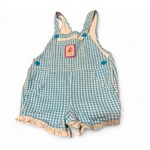 Vintage Liberty Baby Romper 12M Blue Gingham Overalls Lace Trim USA